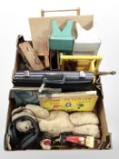 Two boxes containing vintage teddy bear, pine crackits and other wooden items, briefcase,