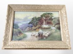 Wreakston : A shepherd and border collie driving sheep down a lane, oil on canvas, laid to board,