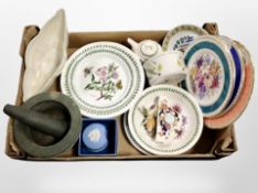 A box containing Portmeirion Botanic Garden dinner wares, Maling lustre bowl, pestle and mortar,