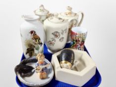 A group of continental porcelain teapots, Hummel figure, Royal Copenhagen lobster dish, etc.