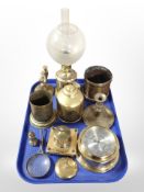 A Viking brass-cased ship's timepiece, together with other brass wares including inkwell, oil lamp,