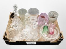A box of 20th-century crystal, including decanters, vases, drinking glasses.