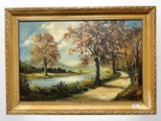 Audrea Dallas Simpson (1925-1984) : A tree-lined path by a river, oil on canvas, 75cm x 50cm.