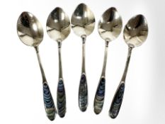 Five silver and mother of pearl teaspoons