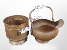 A 19th-century copper porcelain swing-handled coal bucket, plus one other.