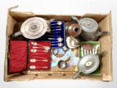 A box of 19th-century silver-plated wares, two sets of teaspoons and tongs in cases, other cutlery,