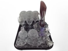 A set of eight crystal wine glasses together with a group of crystal dressing table items,