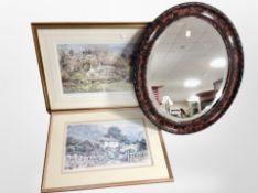 Two signed limited edition prints after Judy Boyes, and an antique oval mirror.