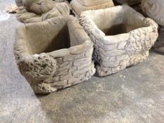 A pair of concrete 'brick and ivy' planters, height 27cm.