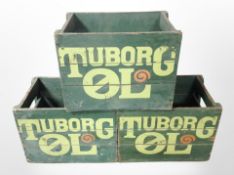 Three painted pine Tuborg crates, width 48cm.