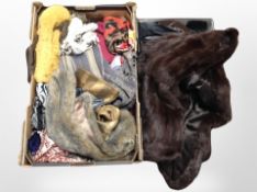 A box of lady's silk scarves, leather gloves and shoes, a brown mink fur coat, etc.