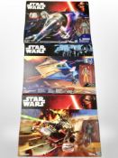 Three Hasbro Star Wars models, Desert Landspeeder, Slave I, Hera Syndulla's A-Wing, boxed.