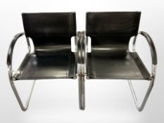 A pair of contemporary Scandinavian chrome and black stitched vinyl armchairs,