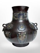 A Chinese bronze and cloisonné enamel twin-handled bulbous vase, height 24cm.