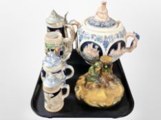 A large West German twin-handled lidded pot, together with four steins,