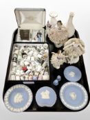A group of Wedgwood blue and white Jasperware, two Sitzendorf porcelain figures,
