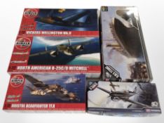 Five Academy and Airfix scale modelling kits, all military aircraft.