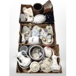 Three boxes of continental ceramics, kitchen storage jars, dinner wares, etc.