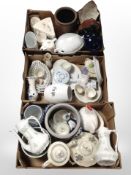 Three boxes of continental ceramics, kitchen storage jars, dinner wares, etc.