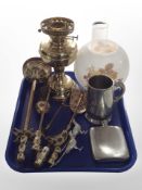 An enamelled brass fire companion set, together with an oil lamp with opaque glass shade, a tankard,
