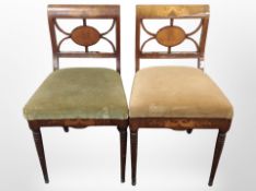 Two pairs of 19th century continental mahogany and satin wood inlaid chairs