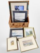 A Fortnum & Mason wicker hamper containing a small quantity of pictures and prints,