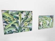 A continental canvas picture depicting tropical birds, 151cm x 121cm, together with another similar.
