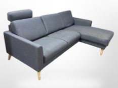 A Scandinavian corner settee in blue upholstery, length 220 cm,