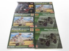 Three Haynes Apache Helicopter construction sets, two Smart Fox Willys MB Jeep construction sets,