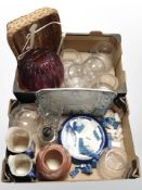 Two boxes containing polished stone chess pieces, glass wares, ceramics, wicker basket, etc.