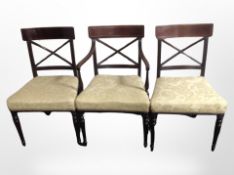 Eight 19th century inlaid mahogany dining chairs in gold floral upholstery