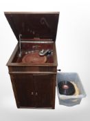 A mahogany cased Columbia gramophone and a box of 78's