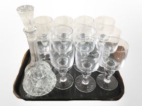 A set of 11 Scandinavian crystal drinking glasses and a mallet-shaped decanter.