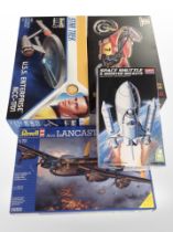 Four scale modelling kits including Revell Star Trek USS Enterprise, Lancaster Bomber,