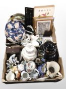 Two boxes containing lidded ceramic vases, figurines, Ringtons Chintz items, pictures,