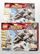 Two LEGO Marvel Superheroes, 6869 Quinjet Aerial Battle sets (lacking figurines).