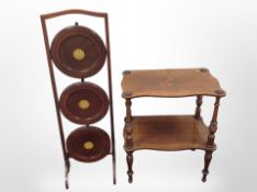 A 19th century inlaid mahogany three-tier cake stand and an occasional table