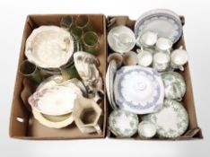 Two boxes of assorted antique dinner wares, Maling lustre items, Staffordshire figure,