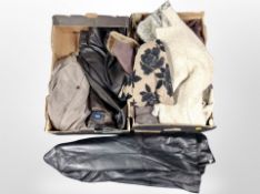 Two boxes containing leather and suede jackets, other clothing.