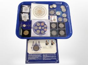 A group of commemorative coins, crowns, two Guernsey silver proof £1 coins with certificates,