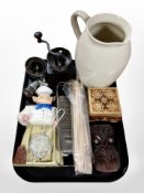 A group of mainly kitchenalia including antique coffee grinder, grater, ceramic jug,
