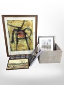 A group of pictures and prints, painted wooden box, five contemporary slender glass vases, etc.