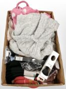 A box of cosmetic items, dressing gowns and other clothing, etc.