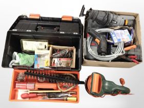 A box of assorted power tools, a further plastic tool box and contents.