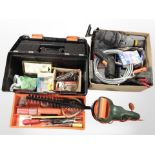 A box of assorted power tools, a further plastic tool box and contents.