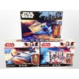 Three Hasbro Disney Star Wars models, Resistance A-Wing Fighter, Canto Bight Police Speeder,