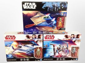 Three Hasbro Disney Star Wars models, Resistance A-Wing Fighter, Canto Bight Police Speeder,