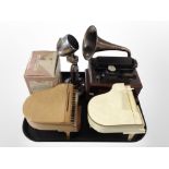 A group of novelty radios, including grand pianos, vintage-style microphone, cylinder gramophone,