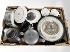 A box of assorted Denby tea and dinner wares in different patterns.