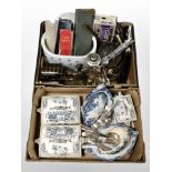 Two boxes containing assorted cutlery, Ringtons horse and cart ornaments,